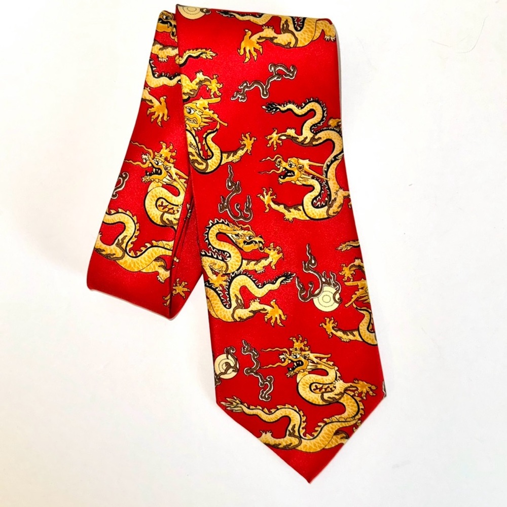 Vintage Y2K Giorgio Armani Cravatte Red & Gold Silk Dragon Necktie